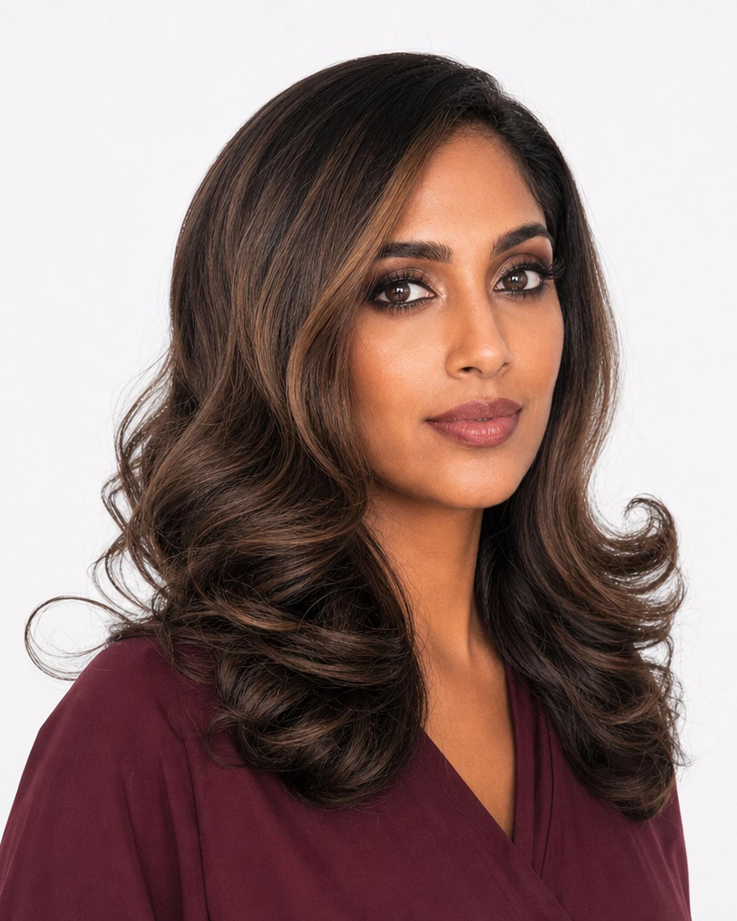 Dove — dark brown blow out mid length lace front bob wig, left side view