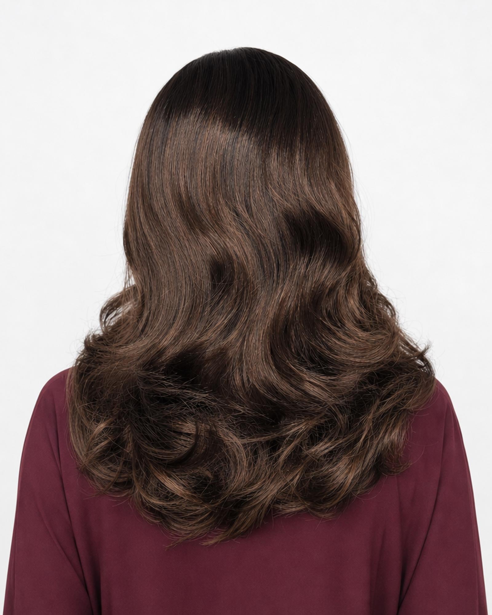 Dove — dark brown blow out mid length lace front bob wig, rear view