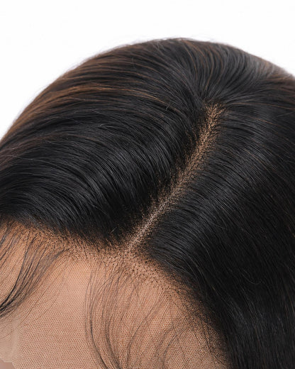 Dove — dark brown blow out mid length lace front bob wig, top hairline close-up