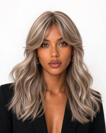 Cora — melted blonde long wavy with fringe bangs wig, front view