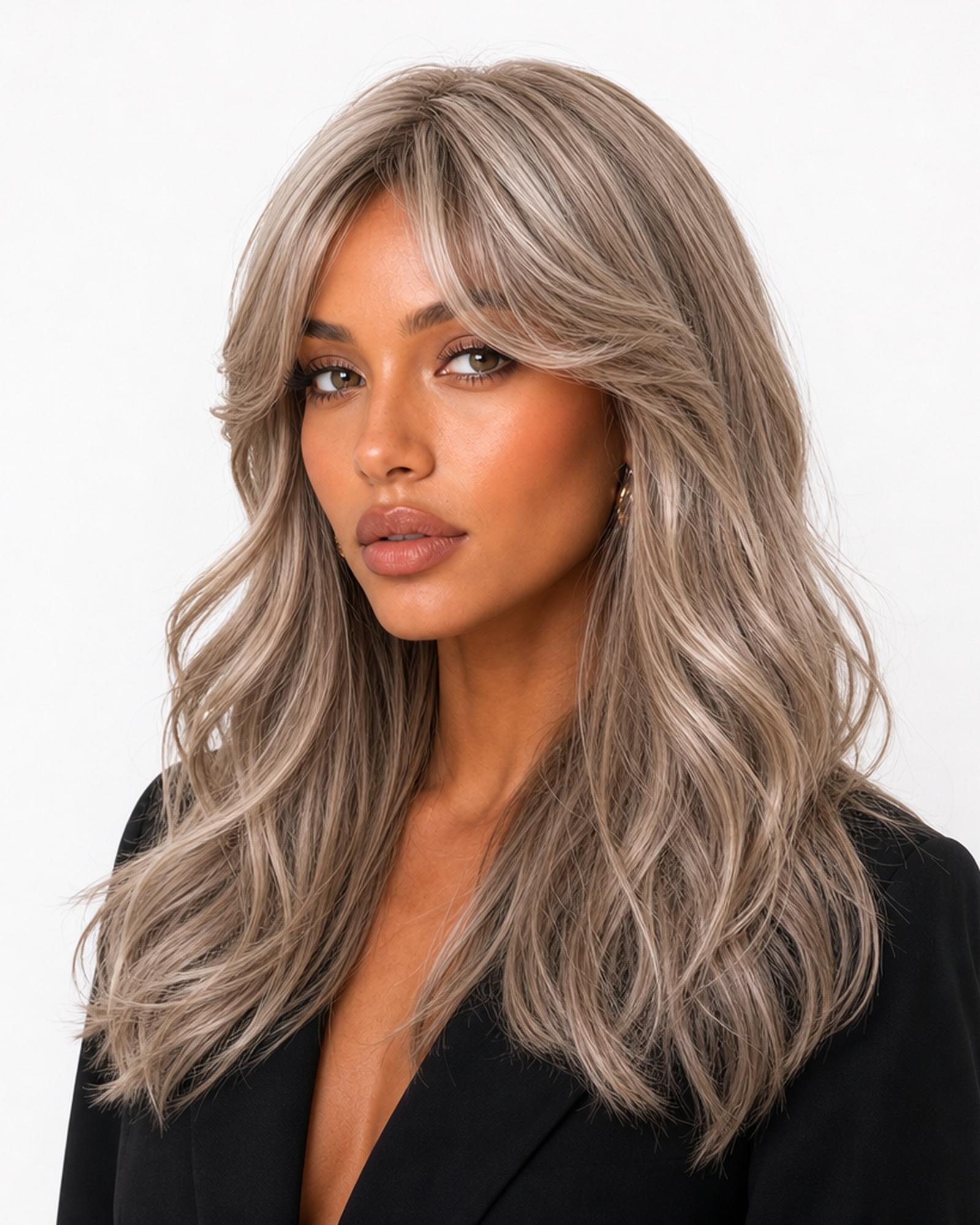 Cora — melted blonde long wavy with fringe bangs wig, left side view
