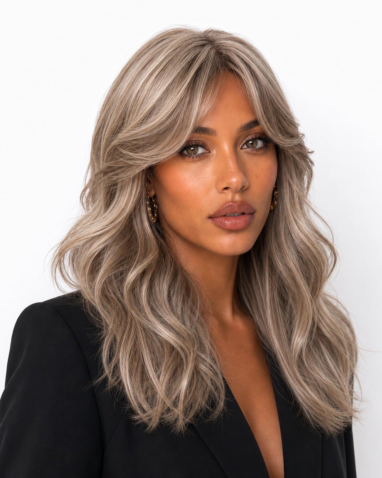 Cora — melted blonde long wavy with fringe bangs wig, right side view