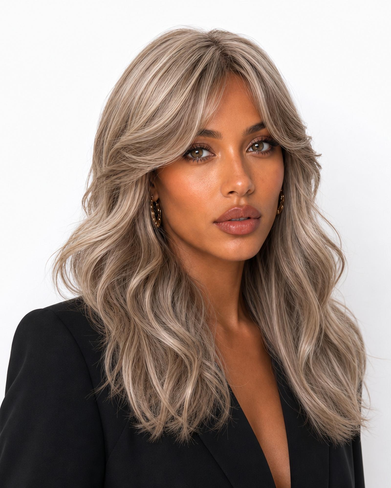Cora — melted blonde long wavy with fringe bangs wig, right side view