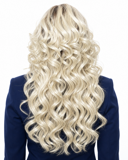 Farrah — melted blonde volume wavy lace front  wig, rear view