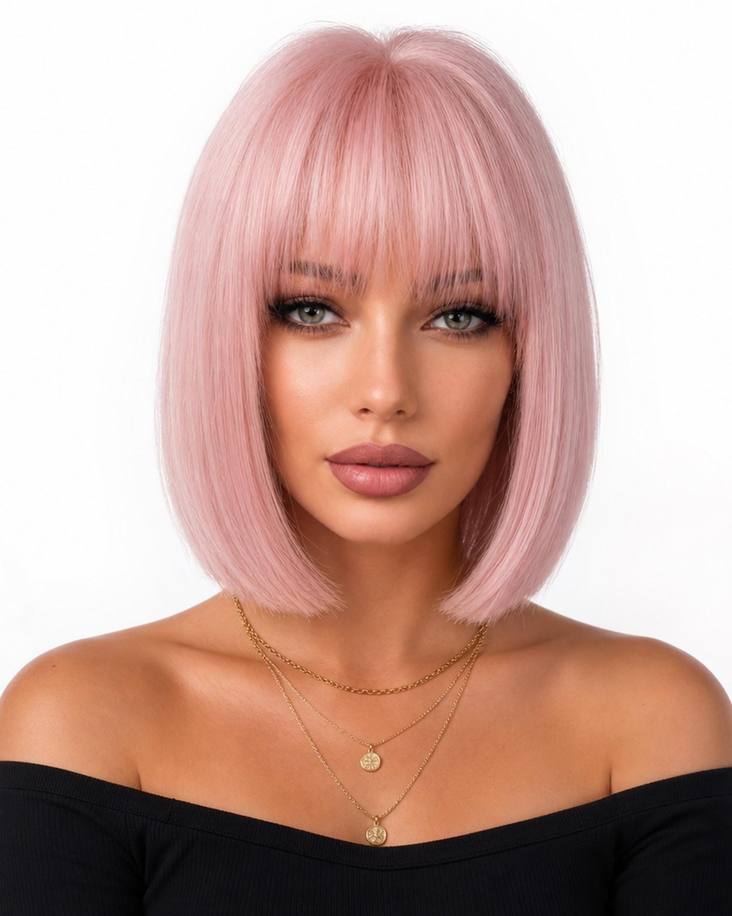Darbie — pastel peach pink  bob wig, front view