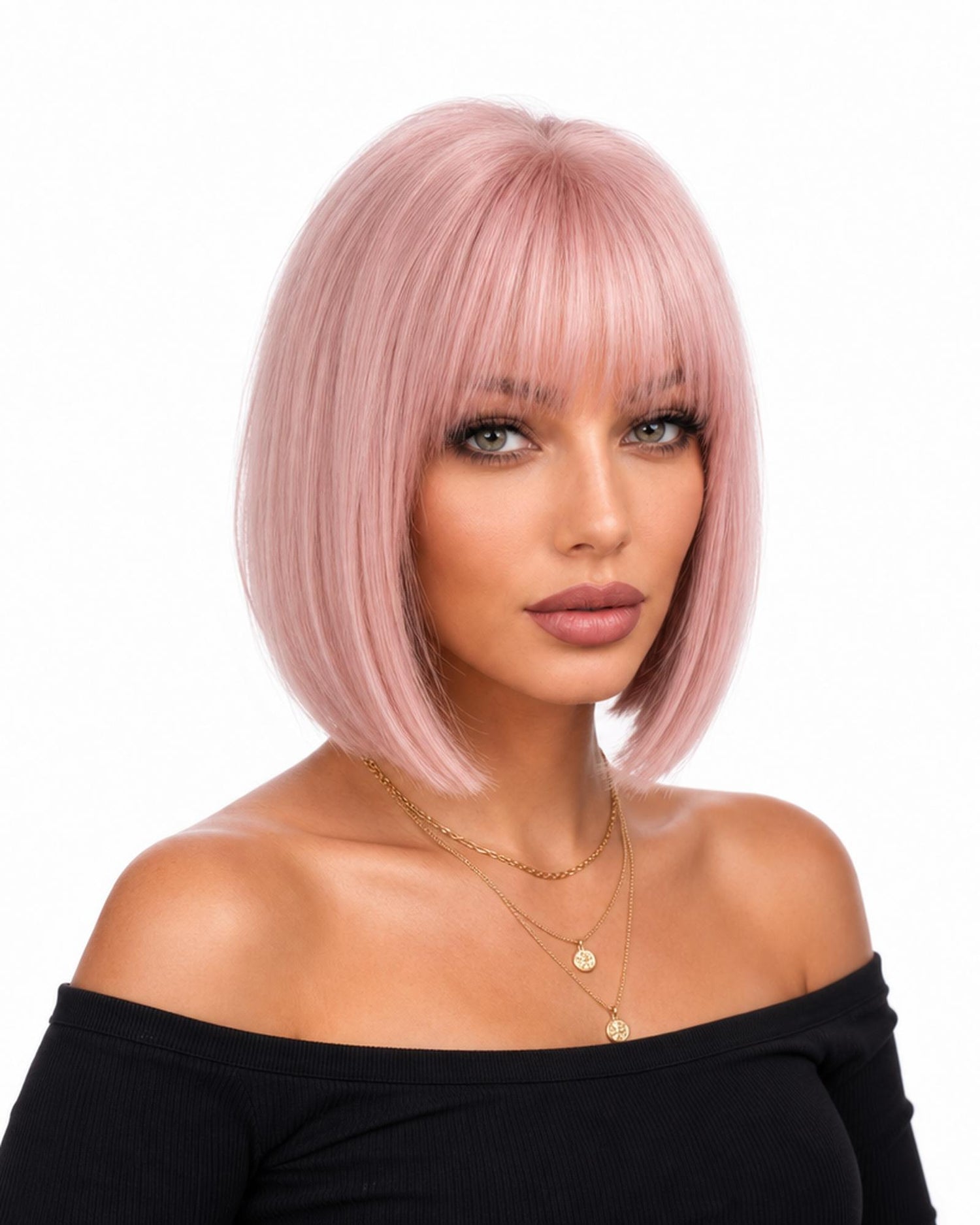 Darbie — pastel peach pink  bob wig, left side view