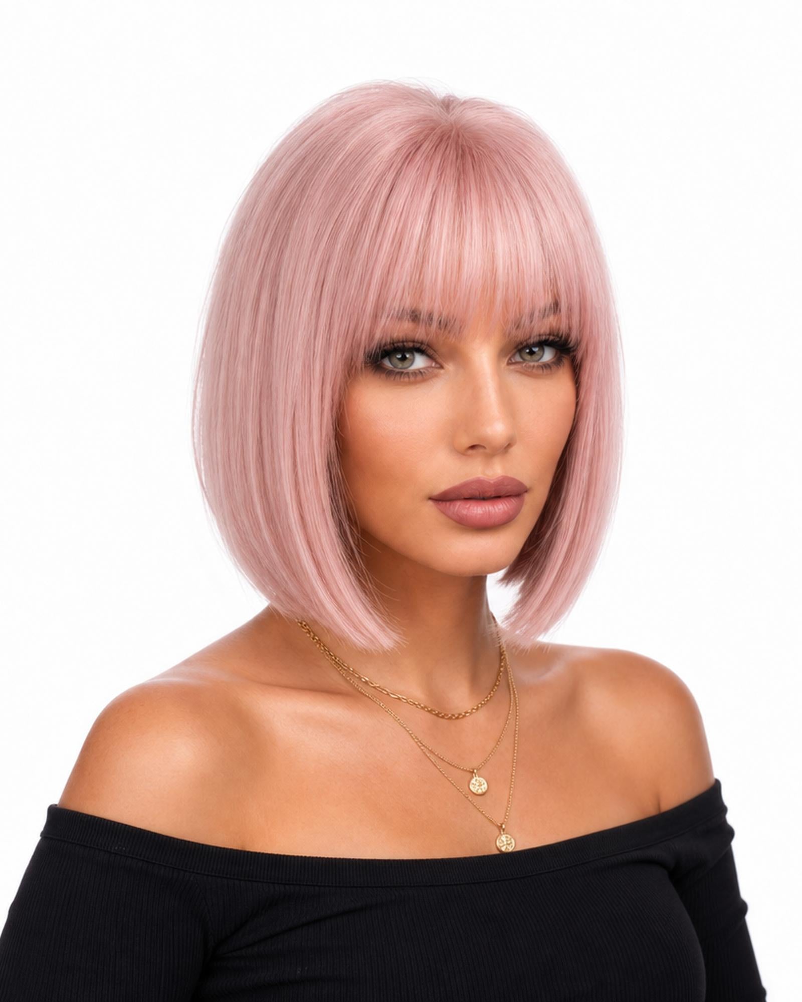 Darbie — pastel peach pink  bob wig, left side view
