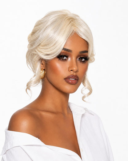 Platinum Blonde Faux Up Do Bob Wig. Rose.