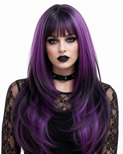 Ione — purple  long wavy ombre with fringe bangs wig, front view