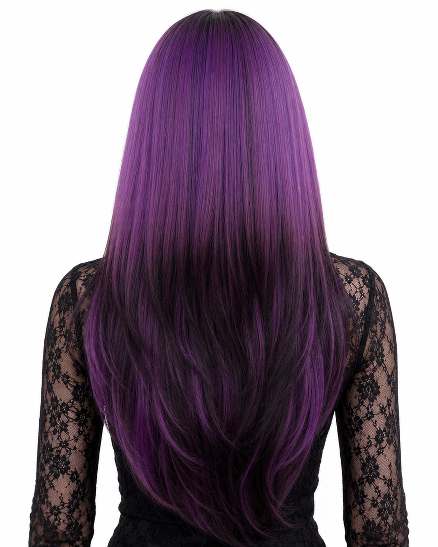 Ione — purple  long wavy ombre with fringe bangs wig, rear view