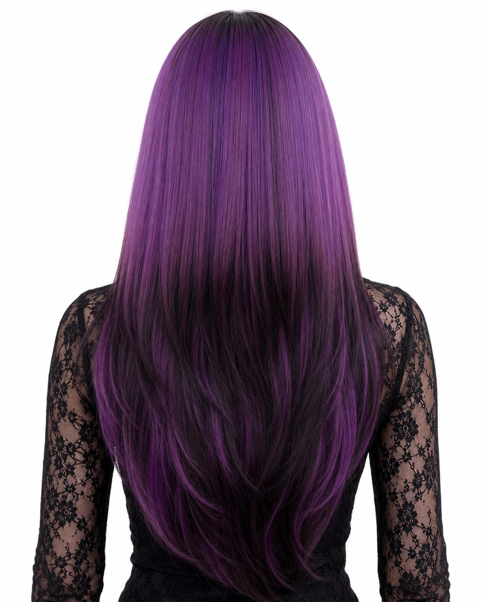 Ione — purple  long wavy ombre with fringe bangs wig, rear view