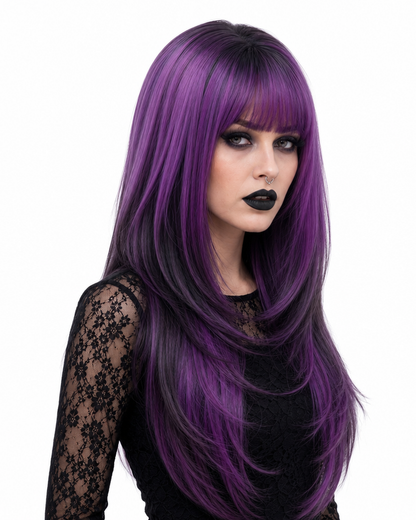 Ione — purple  long wavy ombre with fringe bangs wig, right side view