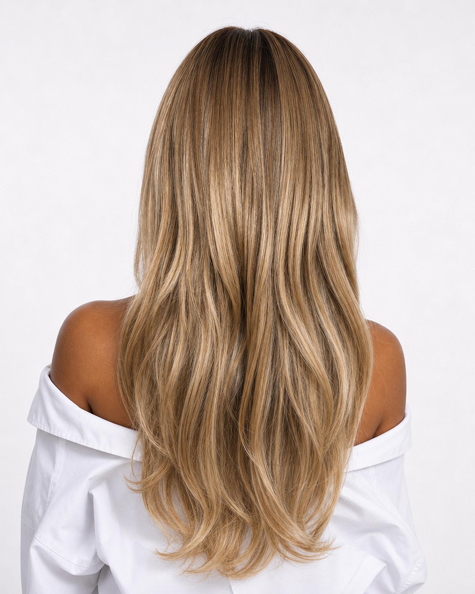 Alicia  — sandy blonde tipped  layered curtain bangs wig, rear view