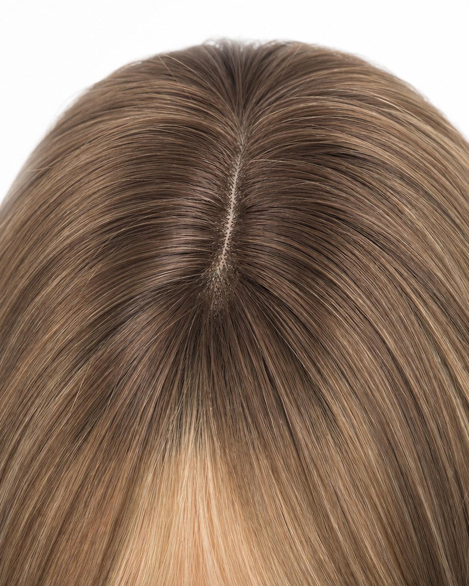 Alicia  — sandy blonde tipped  layered curtain bangs wig, top hairline close-up