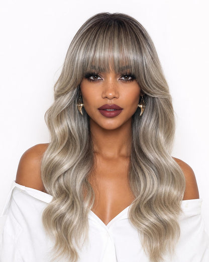 Silver ash blonde long wavy wig with fringe - Abigail - front view - CelebWigs