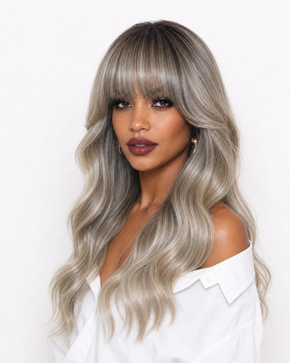 Silver ash blonde long wavy wig with fringe - Abigail - left view - CelebWigs