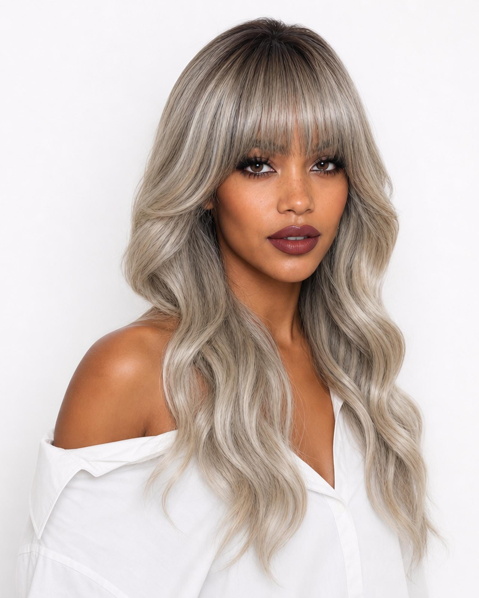 Silver ash blonde long wavy wig with fringe - Abigail - right view - CelebWigs