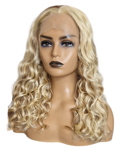 Streaked Curly Blonde Length Lace Front Wig. Vie.