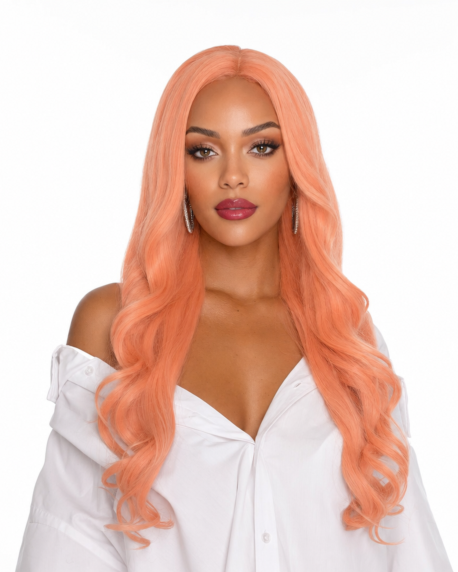 Apricot pink long wavy lace front wig - Lenka - front view - CelebWigs