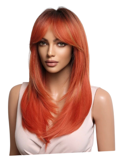 Orange Ombre Straight Layered Long Fringe Bangs Wig. Ally.