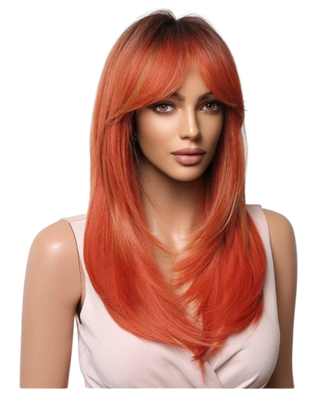 Orange Ombre Straight Layered Long Fringe Bangs Wig. Ally.