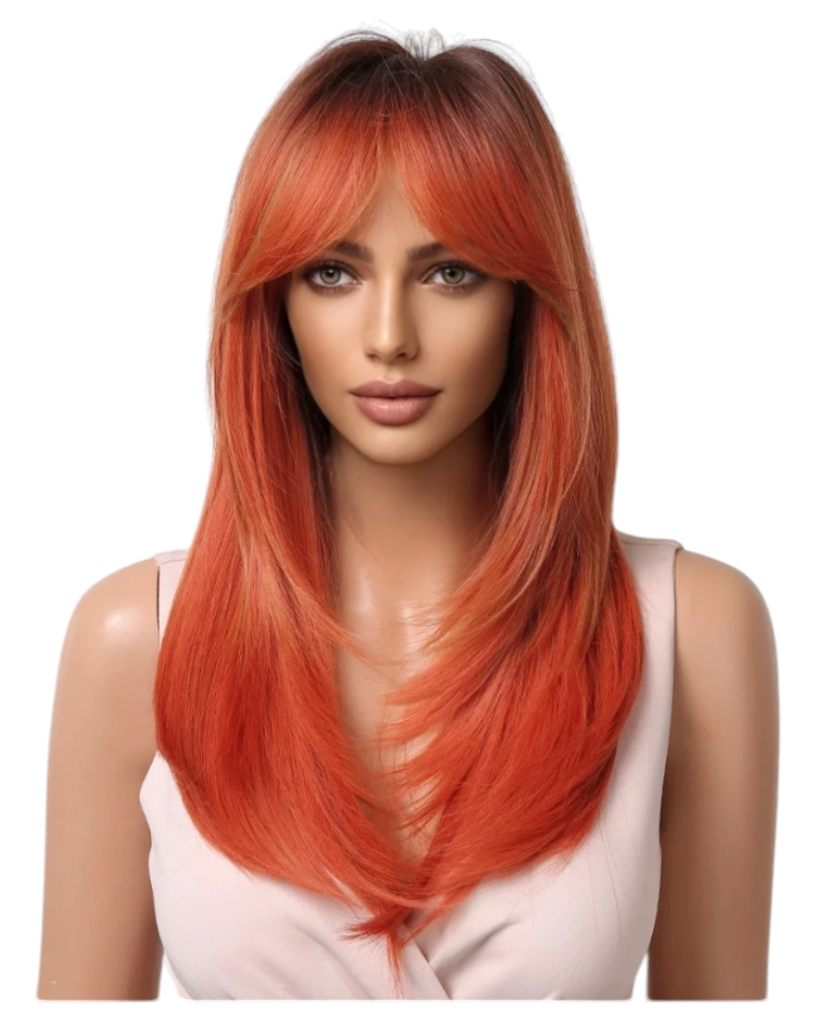 Orange Ombre Straight Layered Long Fringe Bangs Wig. Ally.