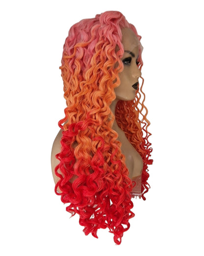 Pink Orange Red Curly Ombre Lace Front Wig. Teeza-CelebWigs