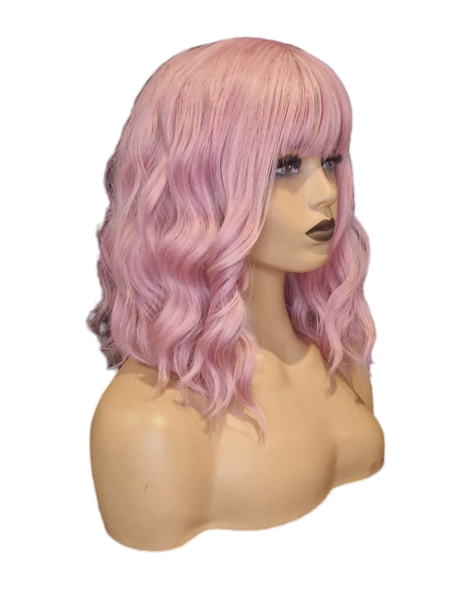 Wavy Pink Fashion Wig With Fringe Bangs. Sherry-CelebWigs