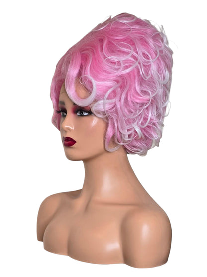 Pink White Updo Drag Queen Wig.