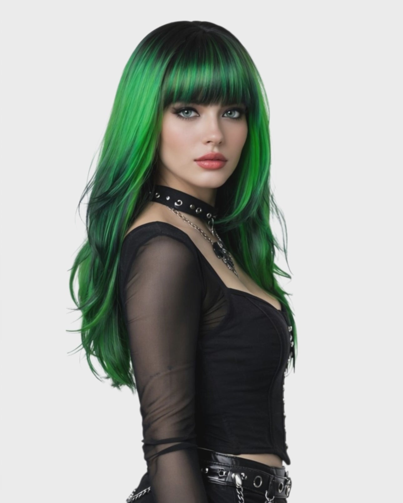 Green Black Long Fashion Wig. Emerald