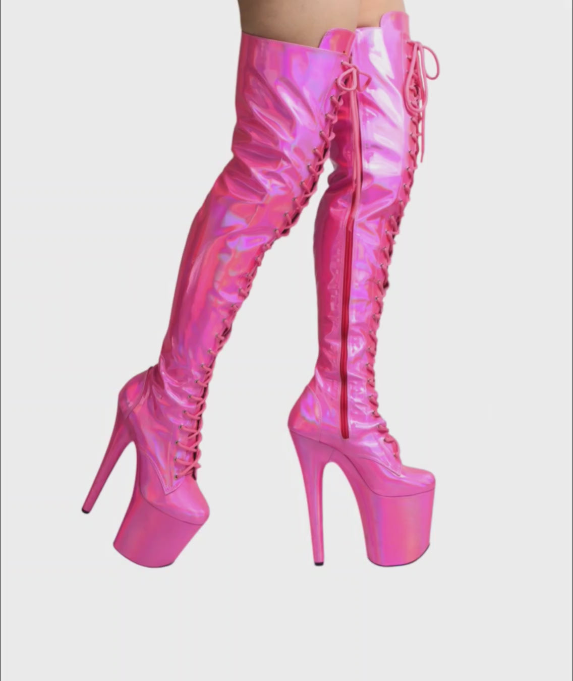 Barbz Pearlescent Pink Thigh High Platform Boots. 20cm 8 Inch Heels. Dragpole Shoes