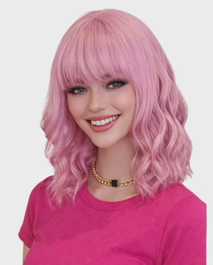 Wavy Pink Fashion Wig With Fringe Bangs. Sherry