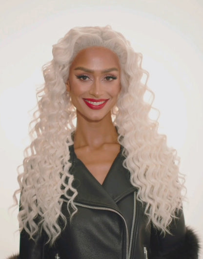 White Blonde Wavy Curl Lace Front Wig.  Ice Queen