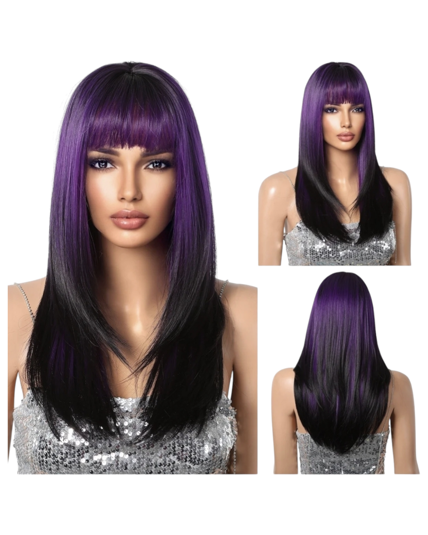 Purple Black Ombre Straight Layered Long Wig. Angel