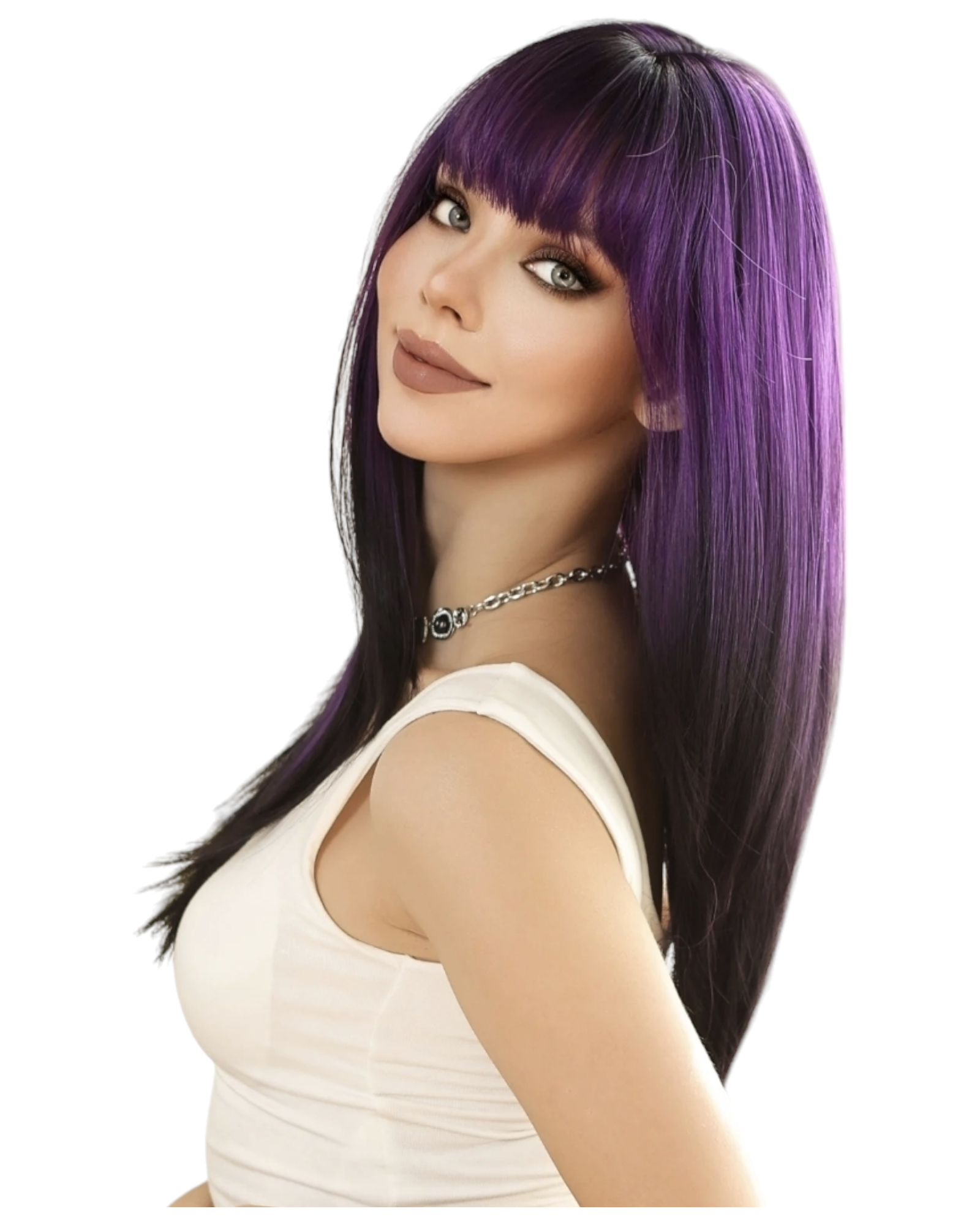 Purple Black Ombre Straight Layered Long Wig. Angel