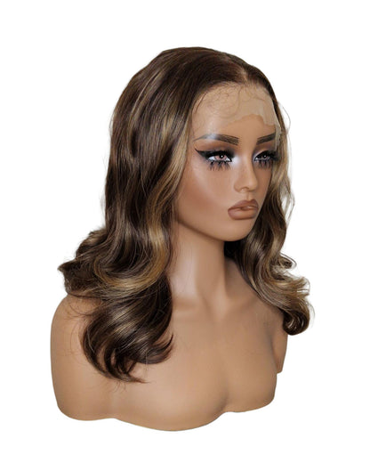 Brown Highlights Mid Length Lace Front Wig.