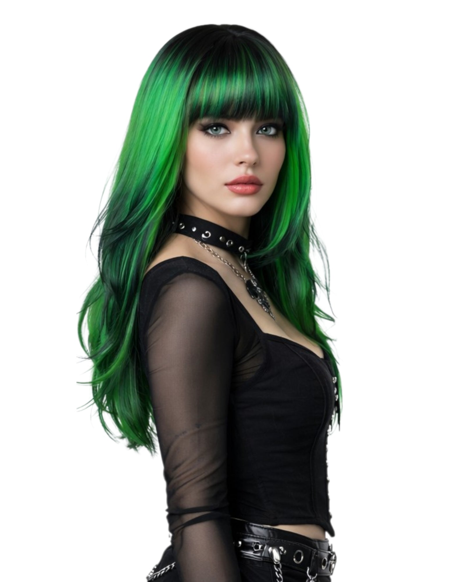 Green Black Long Fashion Wig. Emerald