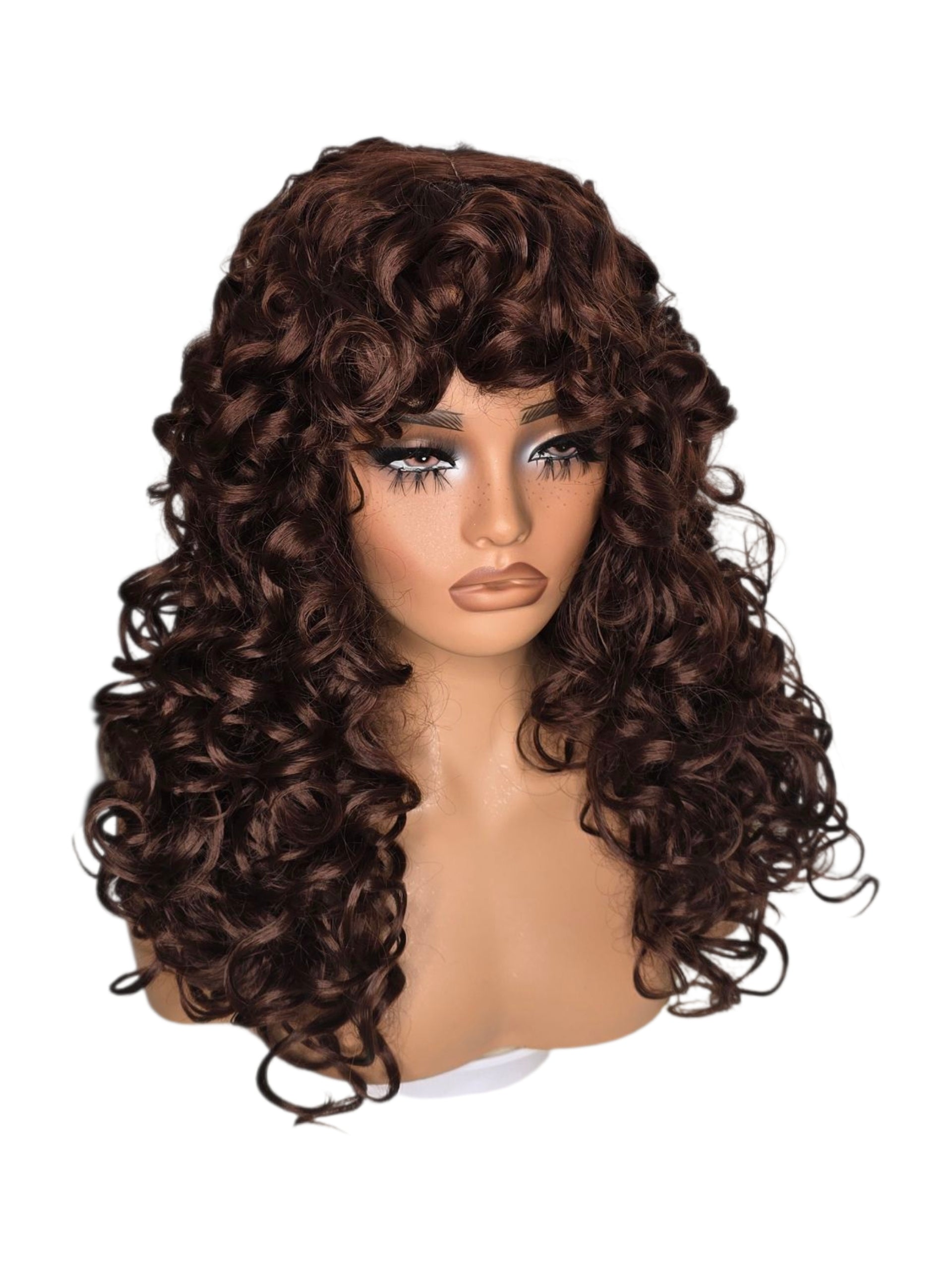 Auburn Brown Corkscrew Curls Bob Style Wig. Pasha