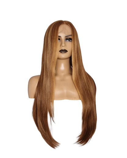 Caramel Streaked Long Straight T Part Lace Front Wig. Yara-CelebWigs