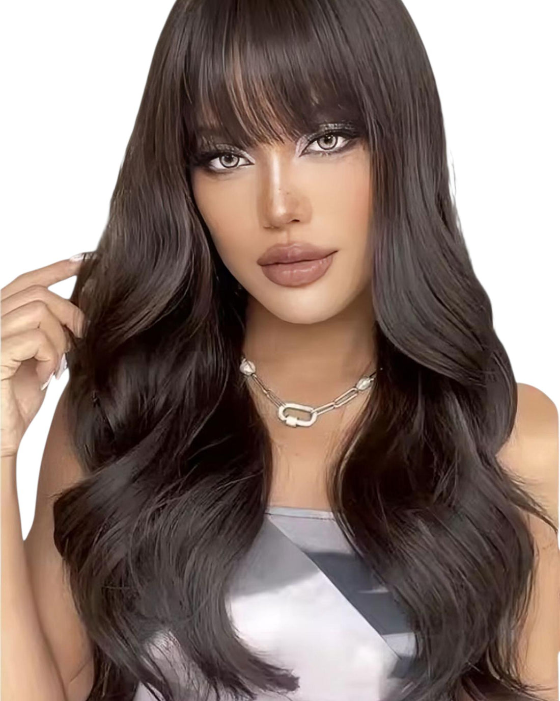 Dark Brown Black Long Wavy Wig With Fringe. Lenas