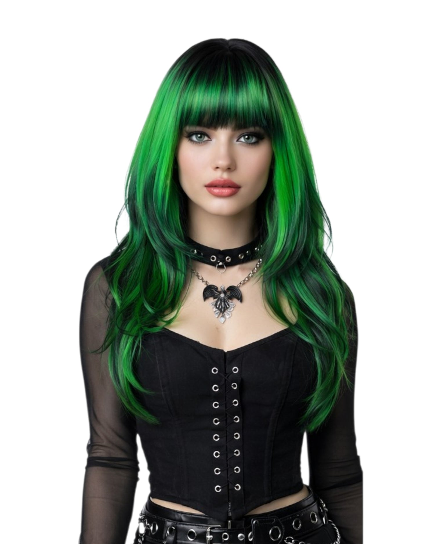 Green Black Long Fashion Wig. Emerald