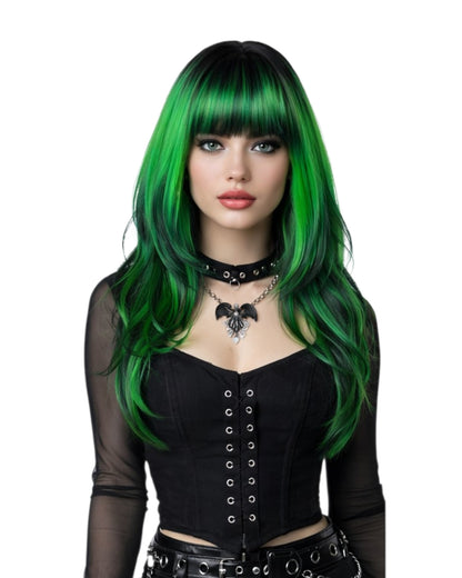 Green Black Long Fashion Wig. Emerald