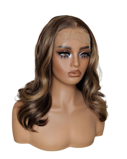 Brown Highlights Mid Length Lace Front Wig.
