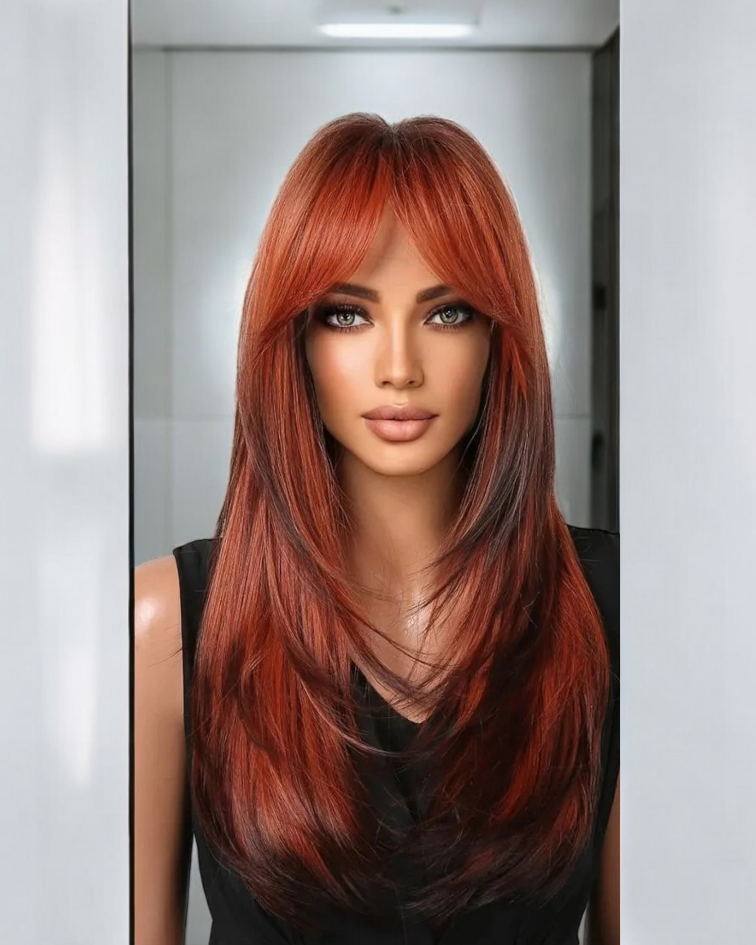 Auburn Ginger Straight Layered Long Fringe Bangs Wig. Ally.-CelebWigs