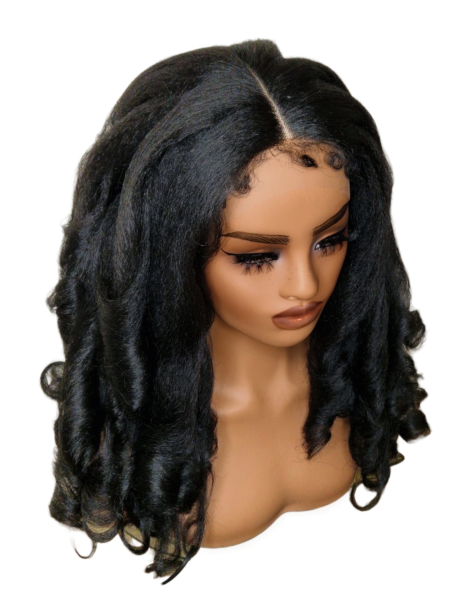 Black Kinky Straight Barrel Curl Lace Front Wig. Basha