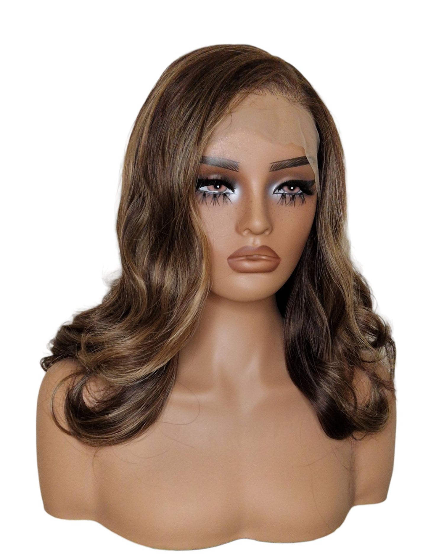 Brown Highlights Mid Length Lace Front Wig.