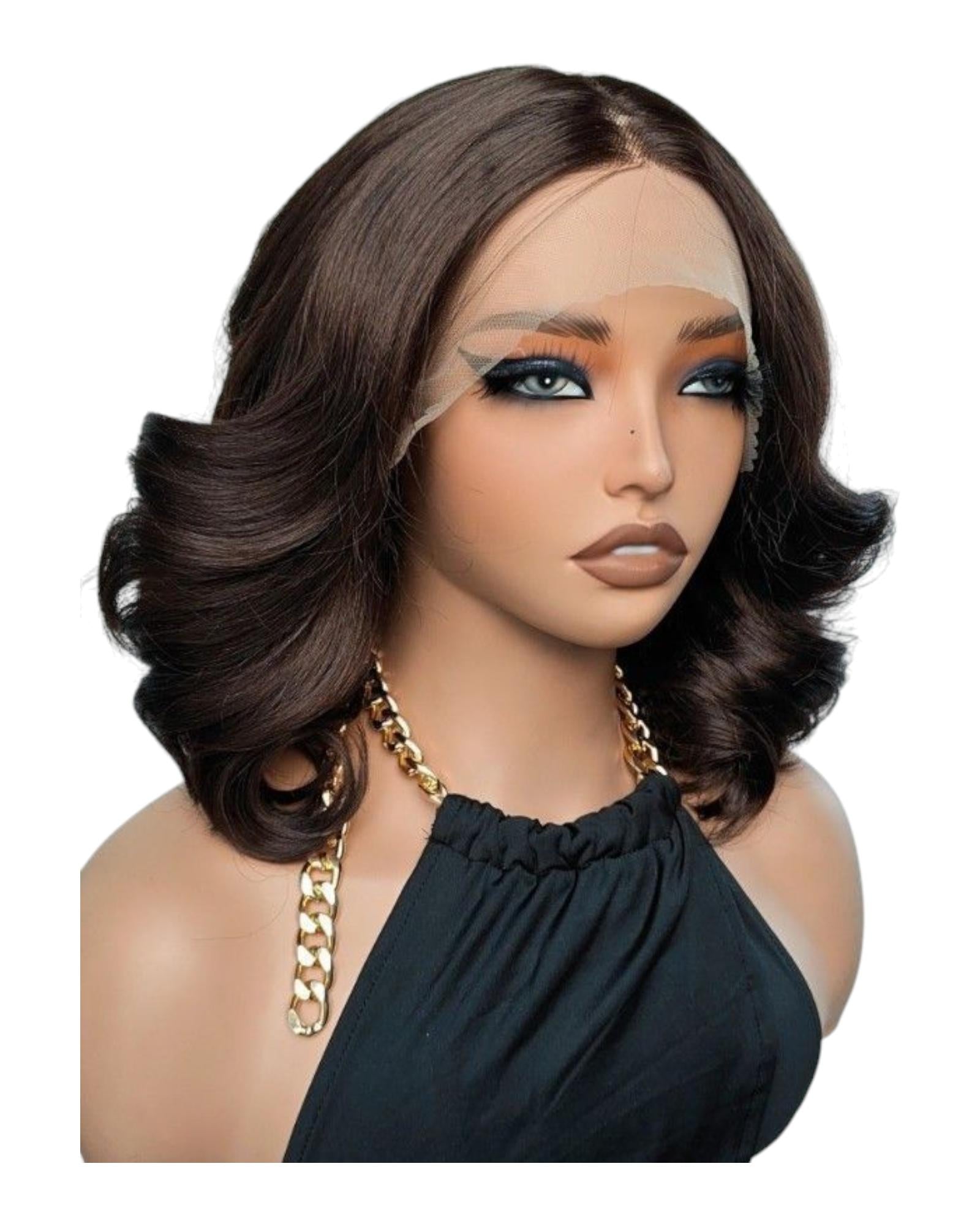 Dark Brown Wavy Bob Lace Front Wig. Demii