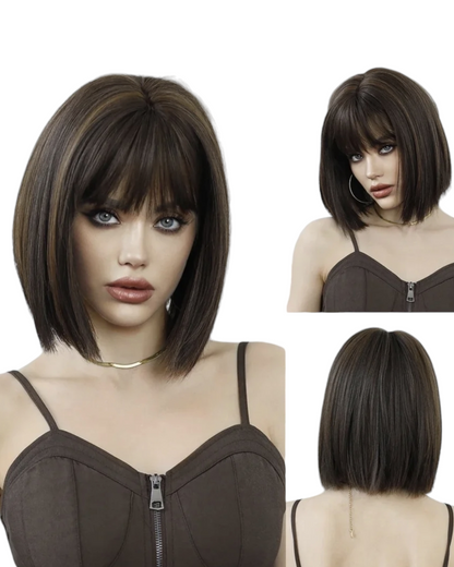 Brunette Bob Wig. Caramel Streaks. Peri-CelebWigs