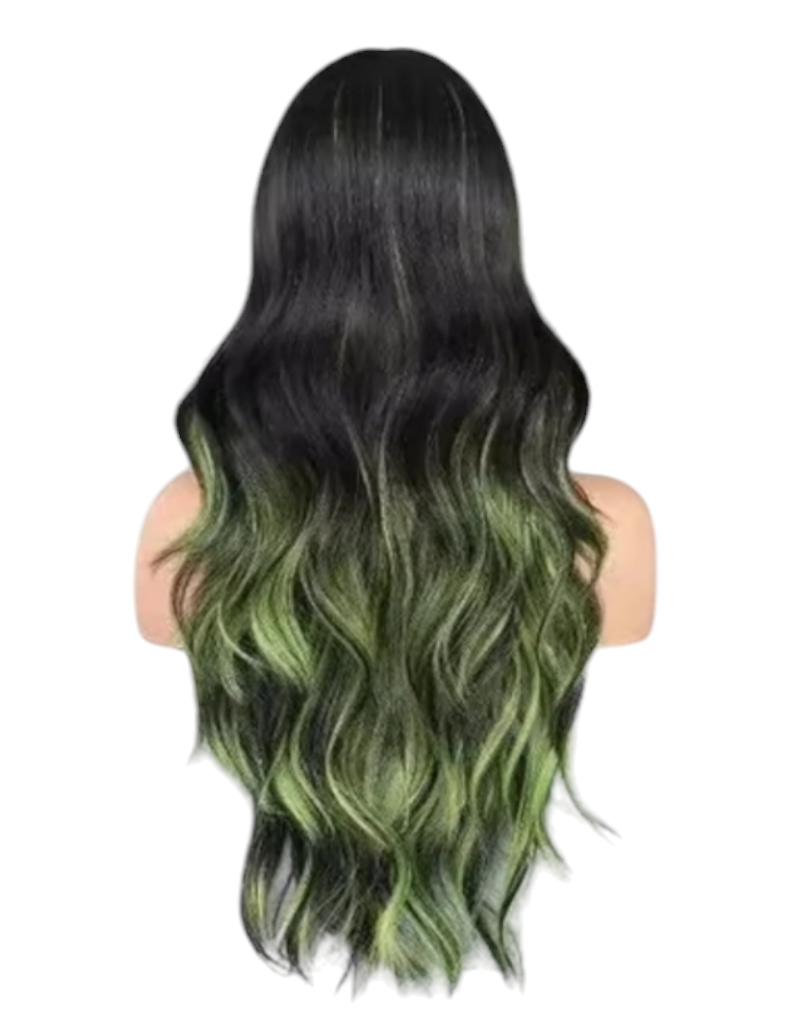 Streaked Emerald Black Wavy Wig. Aneeza.