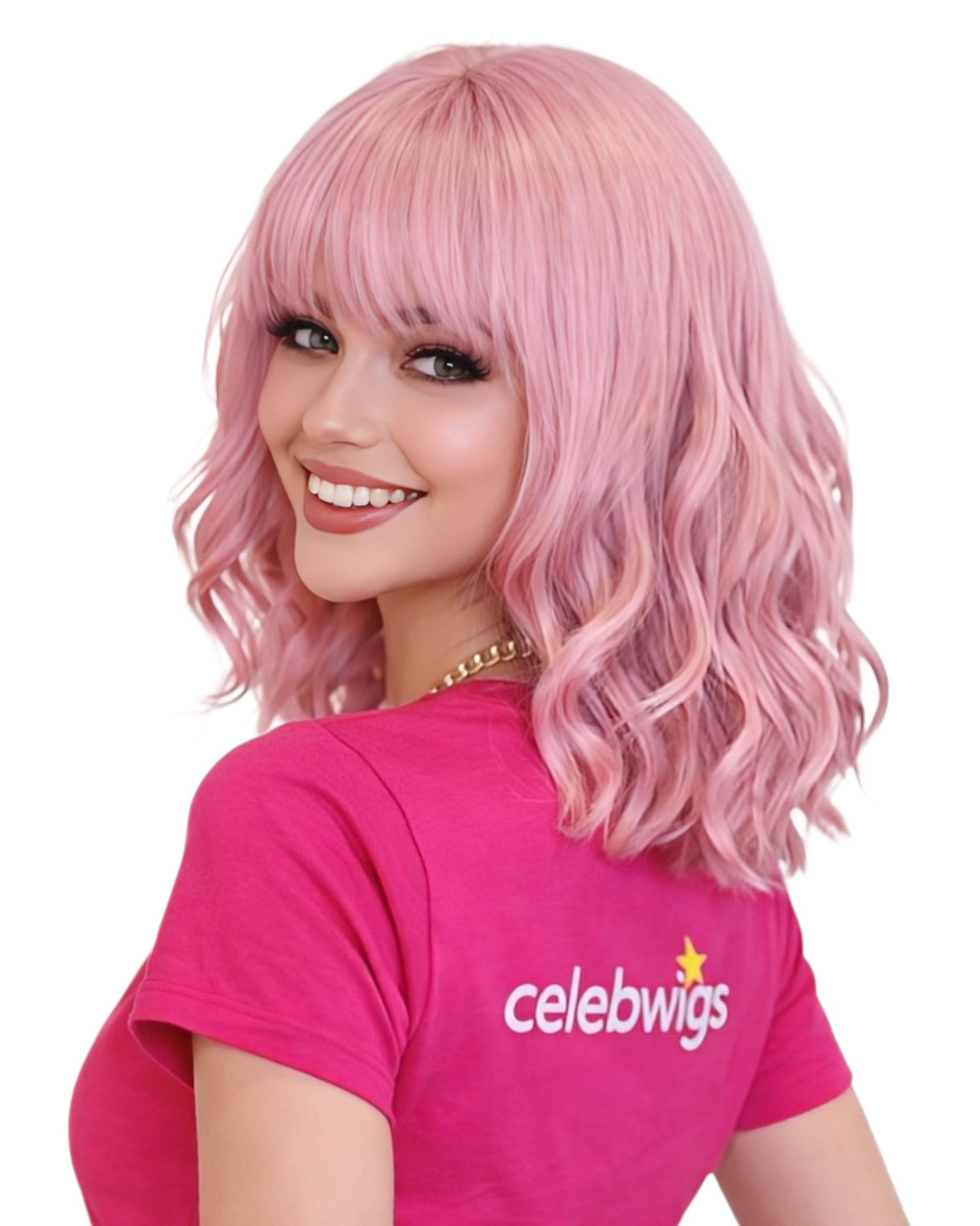 Wavy Pink Fashion Wig With Fringe Bangs. Sherry